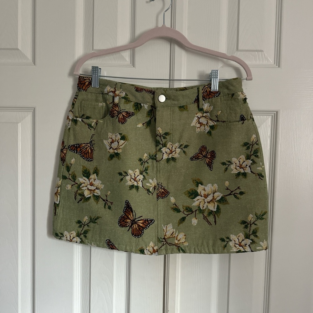 Floral & Butterfly Green Mini Skirt